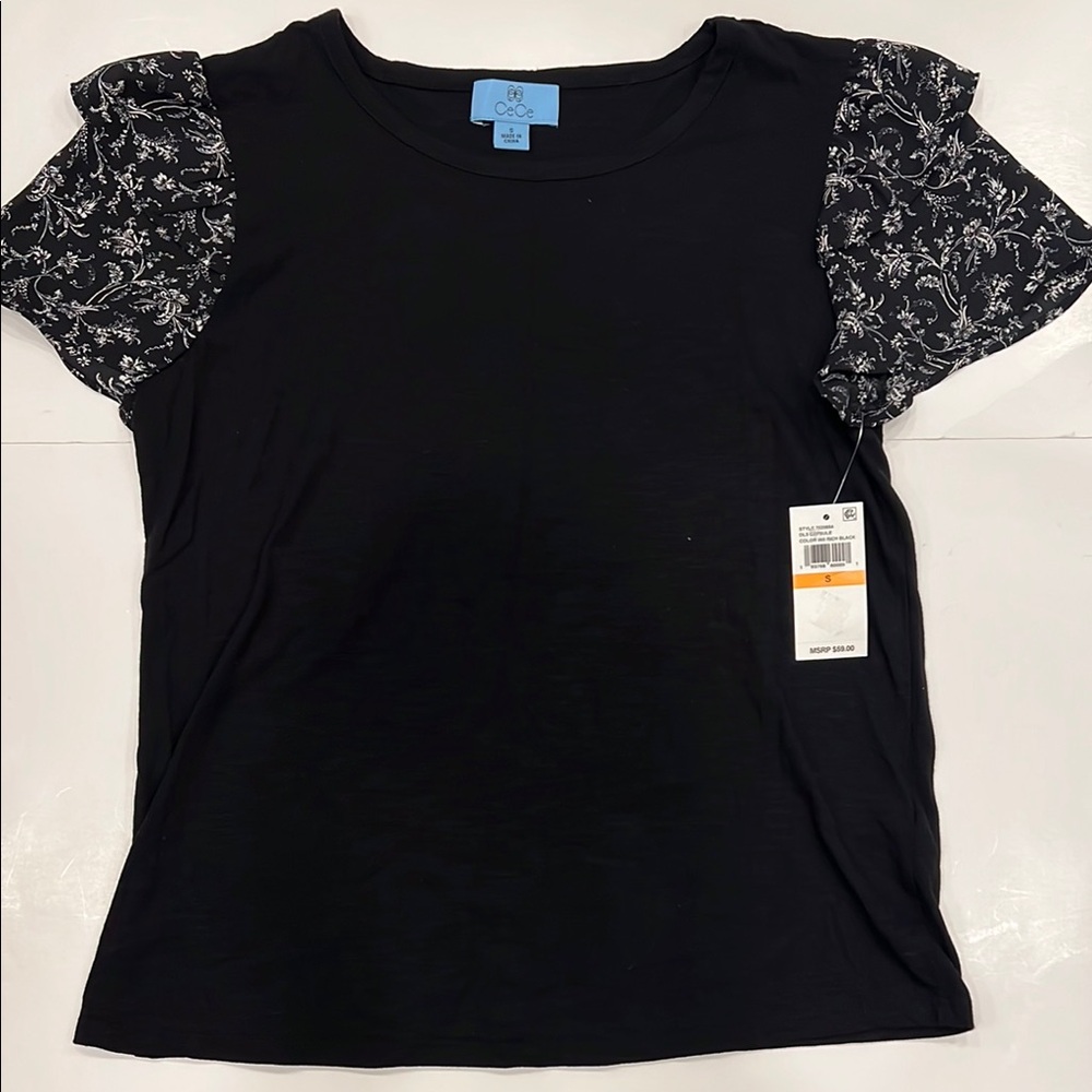 New CeCe Black Floral Sleeve Women's Top in size small